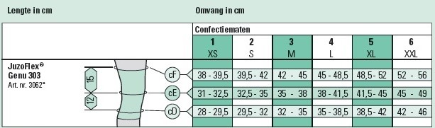 Juzoflex knie Maattabel (2)